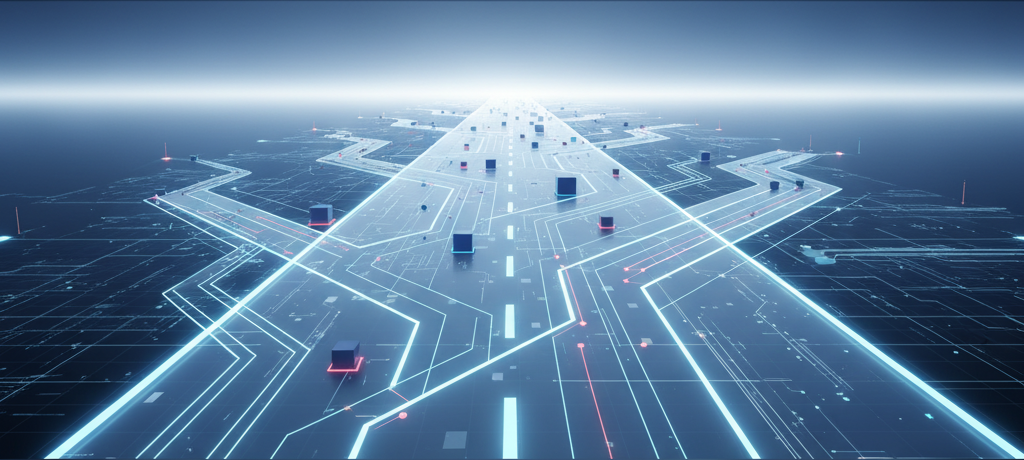 Futuristic digital roadmap banner with abstract glowing paths and waypoints.